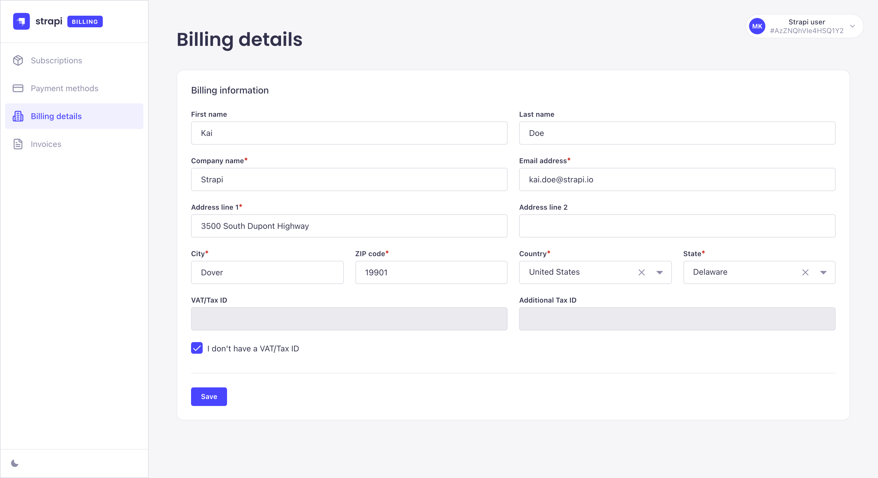 Billing portal screenshot: billing details